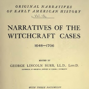 Op de afbeelding: Een vintage boekcover uit 1914 met de titel "Narratives of the Witchcraft Cases". De cover toont de tekst "Original Narratives of Early American History" en de naam van de redacteur, George Lincoln Burr. De uitgever is Charles Scribner's Sons, New York.