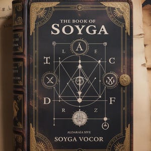 May include: A detailed image of a book titled "THE BOOK OF SOYGA". The cover is dark with gold geometric designs and symbols. The book has a dark brown leather binding with gold detailing, giving it a vintage and possibly mystical appearance.