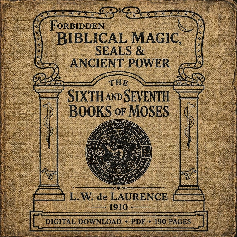 May include: A vintage book cover with the title "Forbidden Biblical Magic, Seals & Ancient Power." The cover features ornate black lettering and illustrations on a tan background. The book is titled "The Sixth and Seventh Books of Moses" by L.W. de Laurence, 1910.