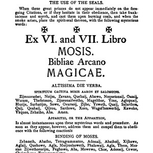 May include: A vintage book page with text from the Sixth and Seventh Books of Moses. The page features a title, headings, and detailed text in black ink, with decorative symbols. The text is in English and Latin.
