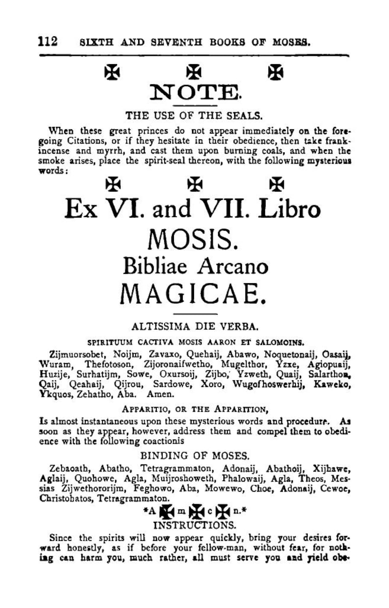 May include: A vintage book page with text from the Sixth and Seventh Books of Moses. The page features a title, headings, and detailed text in black ink, with decorative symbols. The text is in English and Latin.
