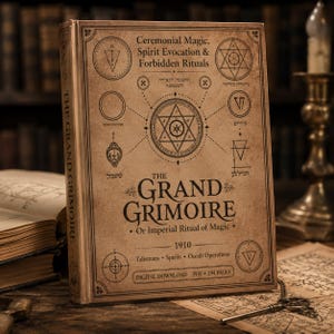 May include: A tan-colored book titled The Grand Grimoire, Or Imperial Ritual of Magic, 1910. The cover features black text, geometric symbols, and Hebrew characters. It includes the subtitle Ceremonial Magic, Spirit Evocation & Forbidden Rituals, and notes it is a digital download PDF with 194 pages.