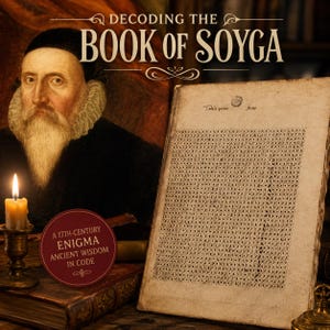 May include: A book titled Decoding the Book of Soyga featuring a portrait of a bearded man in a ruff collar, a lit candle in a brass holder, and an open page displaying a dense grid of letters. A circular red label reads A 17th-Century Enigma.