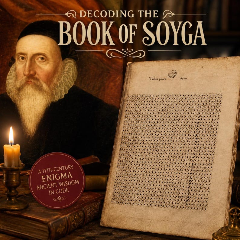 May include: A book titled Decoding the Book of Soyga featuring a portrait of a bearded man in a ruff collar, a lit candle in a brass holder, and an open page displaying a dense grid of letters. A circular red label reads A 17th-Century Enigma.
