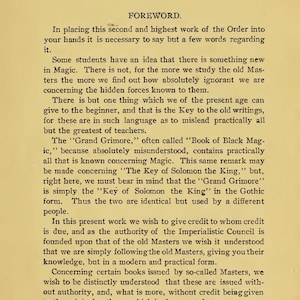 May include: A vintage book page with the title "FOREWORD" at the top. The text is in black ink on aged, cream-colored paper. The page discusses magic, the "Grand Grimore," and the "Key of Solomon the King."