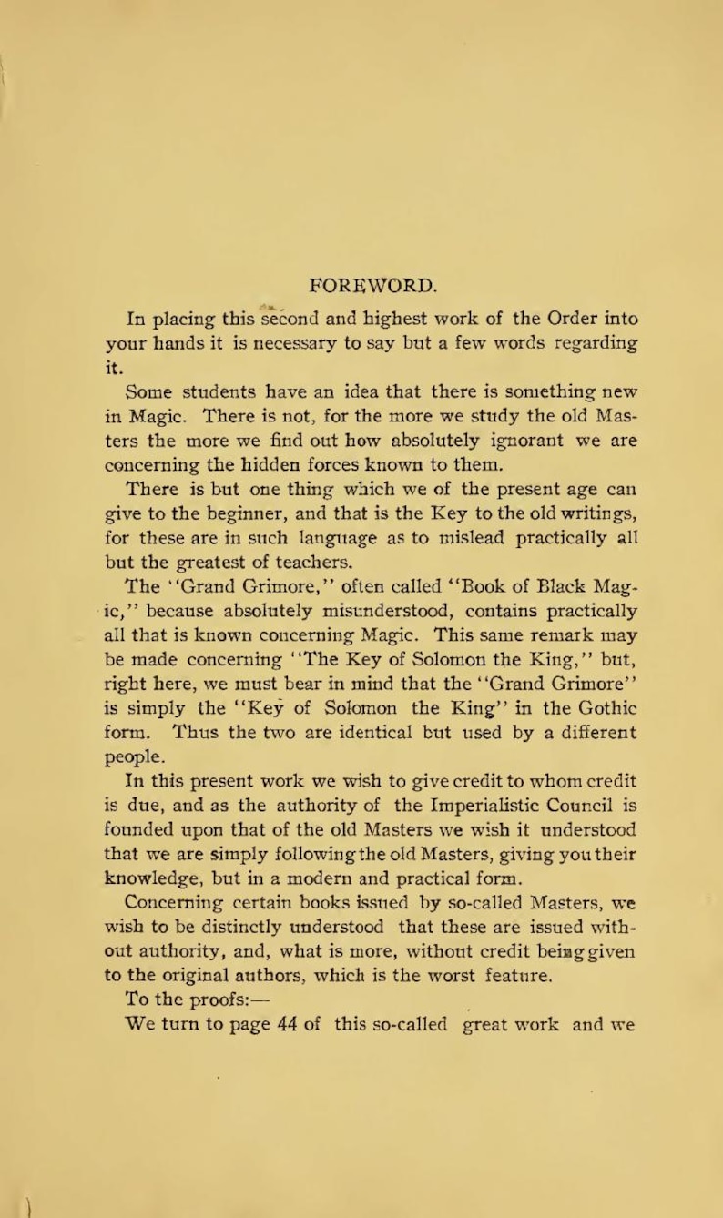 May include: A vintage book page with the title "FOREWORD" at the top. The text is in black ink on aged, cream-colored paper. The page discusses magic, the "Grand Grimore," and the "Key of Solomon the King."