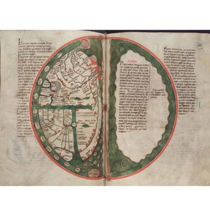 May include: An open book displays a medieval world map, featuring a circular design with a red and green border. The map is filled with detailed illustrations and text, showcasing ancient cartography and historical geography. The pages are aged, with visible text.