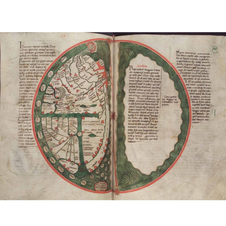 May include: An open book displays a medieval world map, featuring a circular design with a red and green border. The map is filled with detailed illustrations and text, showcasing ancient cartography and historical geography. The pages are aged, with visible text.