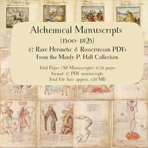 Peut inclure: Collection de manuscrits alchimiques anciens de 1500-1825, comprenant 47 PDF rares hermétiques et rosicruciens. L'image présente plusieurs pages avec des illustrations et du texte manuscrit. La taille totale du fichier est d'environ 528 Mo.