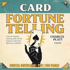 May include: A retro book cover for "Card Fortune Telling" by Charles Platt. The image shows a black hand holding the nine of spades playing card, with yellow starburst lines. The title is in large, bold letters.