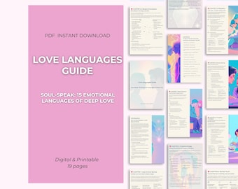 Puede incluir: Una guía digital rosa titulada "Love Languages Guide" con el subtítulo "Soul-Speak: 15 Lenguajes emocionales del amor profundo". La guía tiene 19 páginas y está disponible para descarga instantánea.