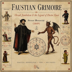 May include: A vintage-style illustration of a Faustian Grimoire, featuring occult symbolism and the legend of Doctor Faust. The image includes a central depiction of a man and a devil, surrounded by smaller illustrations and text. The text reads "German Manuscript (1849)".