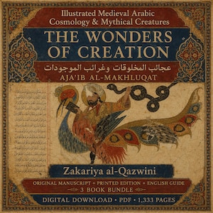 May include: A 3-book bundle titled The Wonders of Creation by Zakariya al-Qazwini, featuring illustrated medieval Arabic cosmology and mythical creatures. The cover displays a figure with a bird-like tail, a snake, and Arabic text in a 1,333-page PDF.
