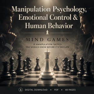 Pode incluir: Capa de livro com o título "Manipulation Psychology, Emotional Control & Human Behavior". A imagem apresenta um tabuleiro de xadrez com peças de xadrez e o texto "MIND GAMES". A capa também inclui o texto "15 Manipulation Tactics You Should Know Before It's Too Late."