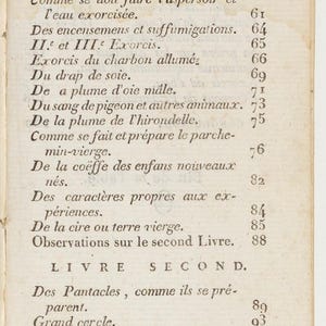 May include: A page from an antique book with French text. The page features a list of topics, including exorcism, rituals, and instructions. The text is in black ink on aged, cream-colored paper, with page numbers visible.