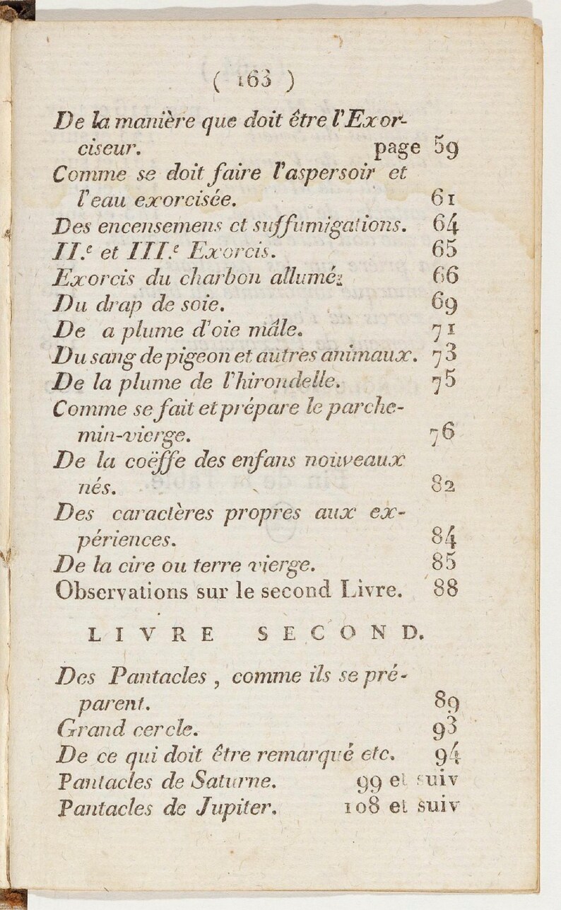 May include: A page from an antique book with French text. The page features a list of topics, including exorcism, rituals, and instructions. The text is in black ink on aged, cream-colored paper, with page numbers visible.