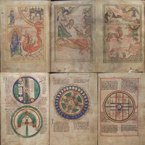 May include: A spread of pages from an illuminated manuscript, featuring colorful illustrations. The images depict figures, dragons, and circular diagrams, rendered in red, blue, green, and yellow hues. The pages are aged with visible text.