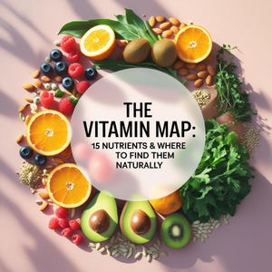 May include: A circular arrangement of fresh fruits, nuts, and leafy greens, including oranges, kiwis, avocados, and raspberries. The text "THE VITAMIN MAP: 15 NUTRIENTS & WHERE TO FIND THEM NATURALLY" is centered in a white circle.