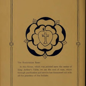 May include: A book page with a cream background. The title "The Initiates of the Flame" is at the top. The image shows a large, stylized rose with a cross at its centre. The text "The Rosicrucian Rose" is below the image.