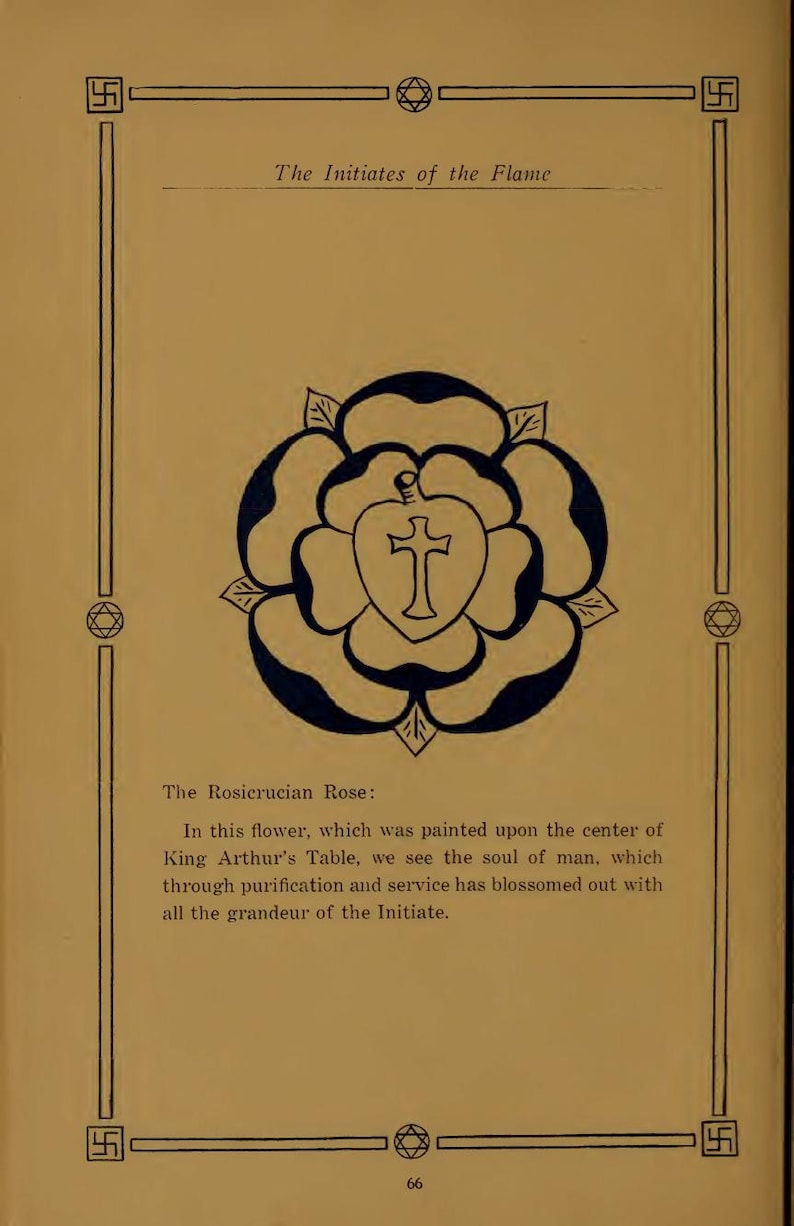 May include: A book page with a cream background. The title "The Initiates of the Flame" is at the top. The image shows a large, stylized rose with a cross at its centre. The text "The Rosicrucian Rose" is below the image.