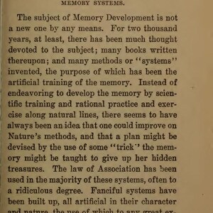 May include: A page from a vintage book with the title "CHAPTER IV. MEMORY SYSTEMS." The text discusses memory development, artificial training, and the use of "tricks." The page has a sepia tone.