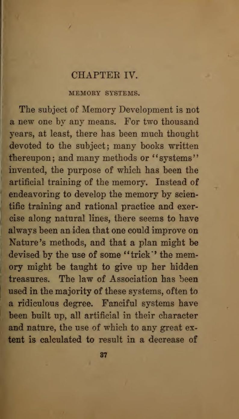 May include: A page from a vintage book with the title "CHAPTER IV. MEMORY SYSTEMS." The text discusses memory development, artificial training, and the use of "tricks." The page has a sepia tone.