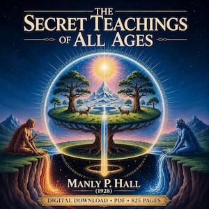 May include: The book cover for The Secret Teachings of All Ages by Manly P. Hall (1928) features a central glowing sphere containing a landscape with trees, deer, and a mountain, flanked by two figures pouring orange and blue streams of light.