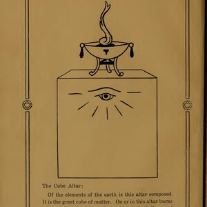 May include: A page from an old book with an illustration of a cube altar, a flame, and an eye. The text reads "The Initiates of the Flame" and "The Cube Altar". The page is framed with decorative borders.