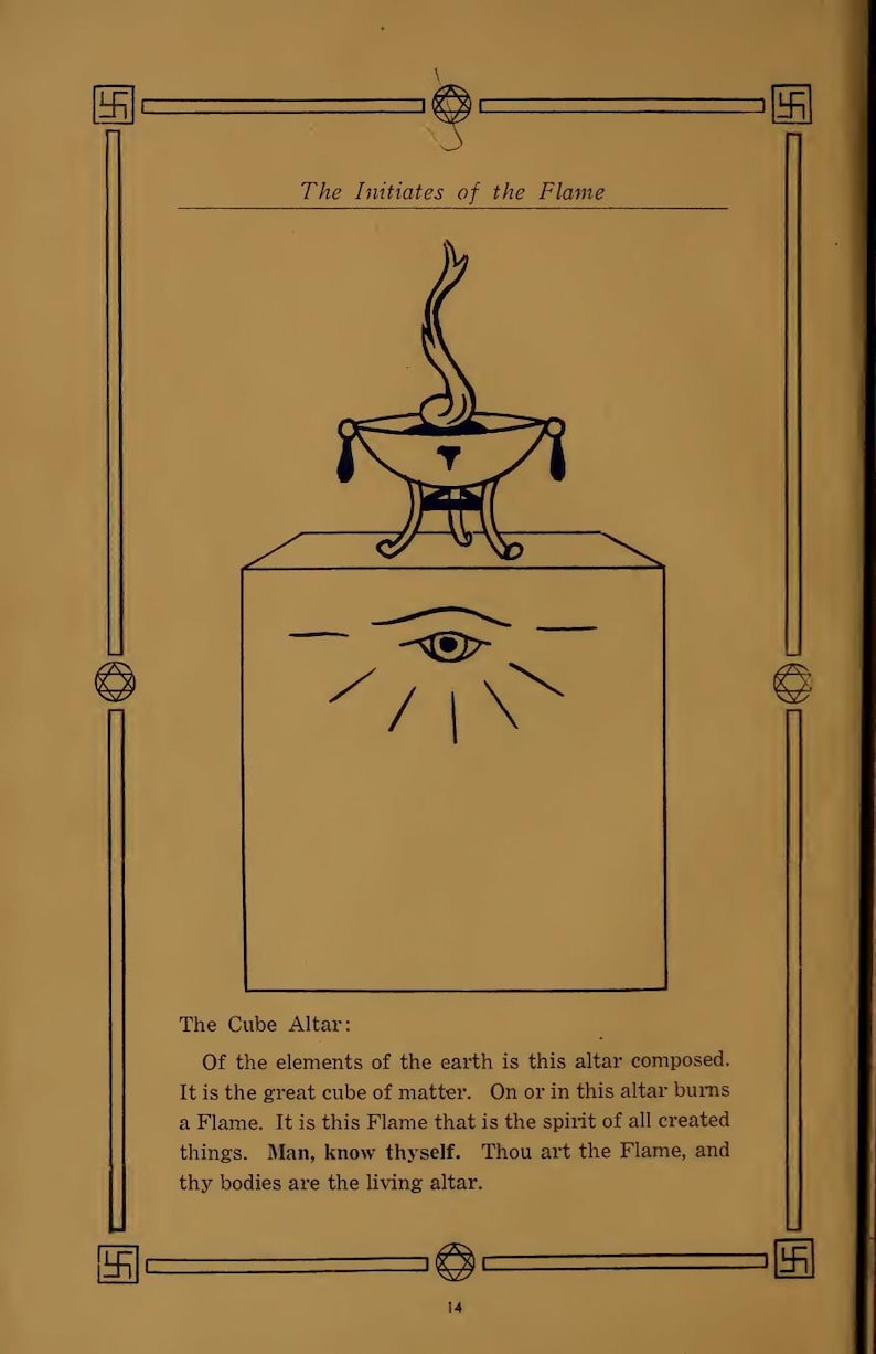 May include: A page from an old book with an illustration of a cube altar, a flame, and an eye. The text reads "The Initiates of the Flame" and "The Cube Altar". The page is framed with decorative borders.