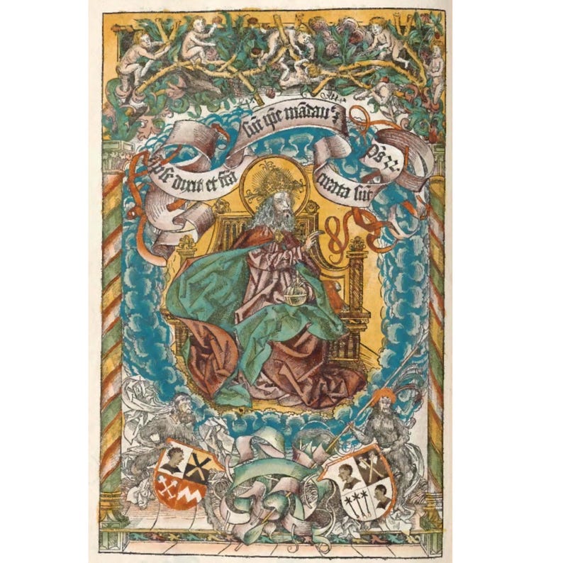 May include: A detailed, colorful illustration featuring a seated figure with a halo, wearing a crown and robes. The image includes banners with text, decorative borders, and heraldic shields. The color palette includes blues, greens, reds, and yellows.
