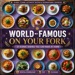 May include: A digital download PDF cookbook titled World-Famous On Your Fork, featuring 15 iconic dishes you can make at home. The cover displays 20 circular images of various international meals arranged in a grid on a purple background.