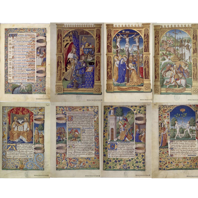 May include: A collection of illuminated manuscript pages featuring vibrant illustrations and ornate borders. The images depict religious scenes with figures in detailed clothing, set against gold backgrounds. The pages include handwritten text and decorative elements.