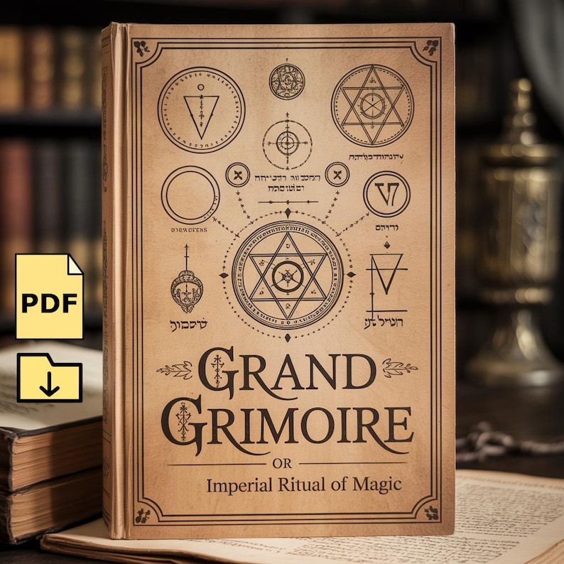 May include: A vintage-style book titled "Grand Grimoire or Imperial Ritual of Magic." The cover is tan with intricate black illustrations of geometric shapes and symbols. The book's title is in an ornate font. A PDF icon is in the corner.