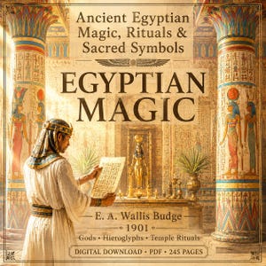 Puede incluir: Una portada de libro titulada Ancient Egyptian Magic, Rituals & Sacred Symbols por E. A. Wallis Budge, 1901. Muestra a una persona con vestimenta egipcia tradicional sosteniendo un pergamino, flanqueada por dos columnas ornamentadas.
