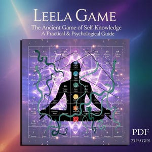 May include: A digital PDF titled "LEELA GAME" with the subtitle "The Ancient Game of Self-Knowledge." The cover features a game board design with a central figure, snakes, and various symbols, all set against a purple and white background.