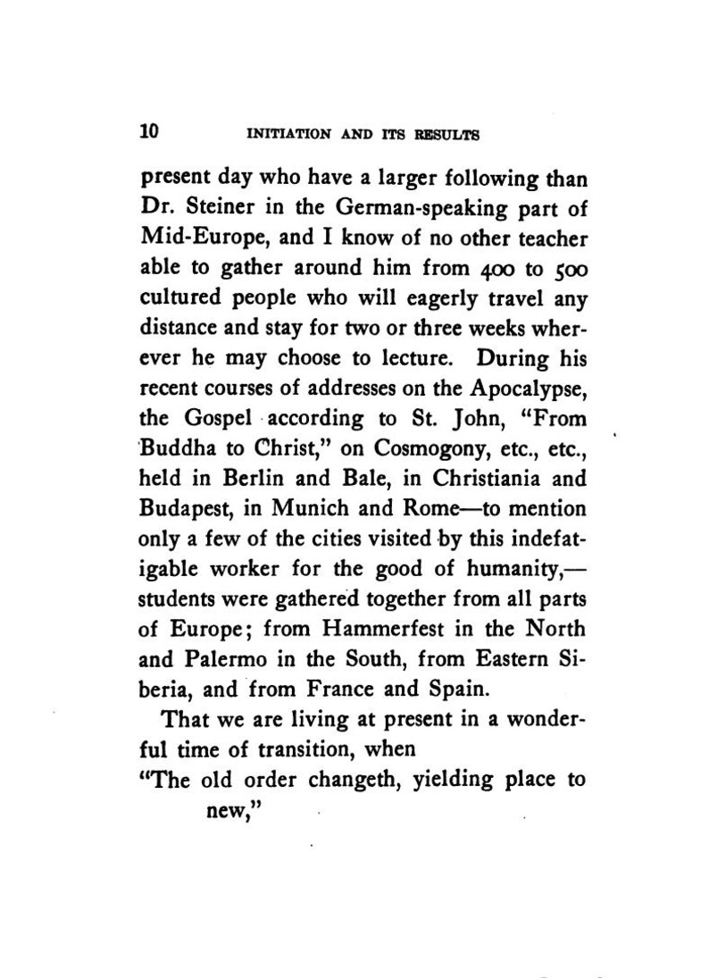 May include: A page from a vintage book titled "Initiation and Its Results." The text discusses a lecturer, Dr. Steiner, and his following in Mid-Europe. The page includes a numbered heading and paragraphs of text.