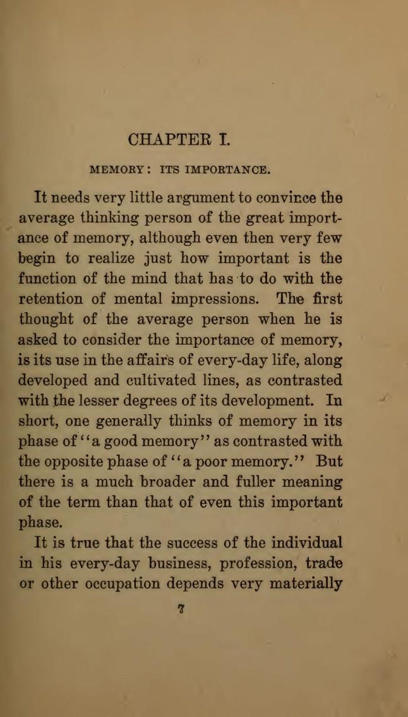 May include: A page from a vintage book with the title "Chapter I. Memory: Its Importance." The text discusses the significance of memory in everyday life and its impact on success. The page is aged with a cream-colored background and black text.