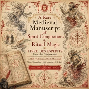 May include: A vintage-style digital download featuring a medieval manuscript titled "A Rare Medieval Manuscript of Spirit Conjurations & Ritual Magic." The image includes illustrations, text, and a quill and inkwell.