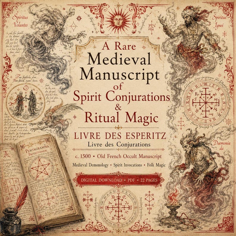 May include: A vintage-style digital download featuring a medieval manuscript titled "A Rare Medieval Manuscript of Spirit Conjurations & Ritual Magic." The image includes illustrations, text, and a quill and inkwell.