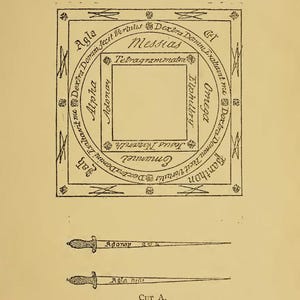 May include: An illustration from "Imperial Ritual of Magic" featuring a central square with text and symbols, surrounded by a circular border with more text. Below are two stylized daggers, labeled "Adonay" and "Aala nini."