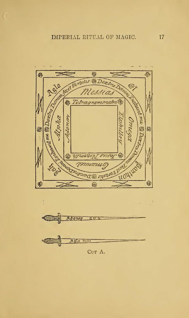 May include: An illustration from "Imperial Ritual of Magic" featuring a central square with text and symbols, surrounded by a circular border with more text. Below are two stylized daggers, labeled "Adonay" and "Aala nini."