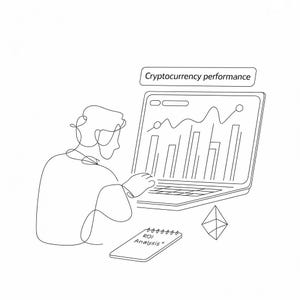K&ouml;nnte beinhalten: Strichzeichnung einer Person, die die Kryptow&auml;hrungsleistung auf einem Laptop analysiert. Der Bildschirm zeigt ein Diagramm und ein Balkendiagramm. Ein Notizblock mit "ROI Analysis" befindet sich neben dem Laptop, zusammen mit einem Ethereum-Symbol.