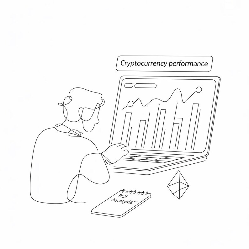 K&ouml;nnte beinhalten: Strichzeichnung einer Person, die die Kryptow&auml;hrungsleistung auf einem Laptop analysiert. Der Bildschirm zeigt ein Diagramm und ein Balkendiagramm. Ein Notizblock mit "ROI Analysis" befindet sich neben dem Laptop, zusammen mit einem Ethereum-Symbol.