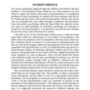May include: A book page titled "AUTHOR'S PREFACE" with black text on a white background. The text discusses psychoanalysis and racial psychology. The text is in a serif font. The book's themes include totem and taboo.