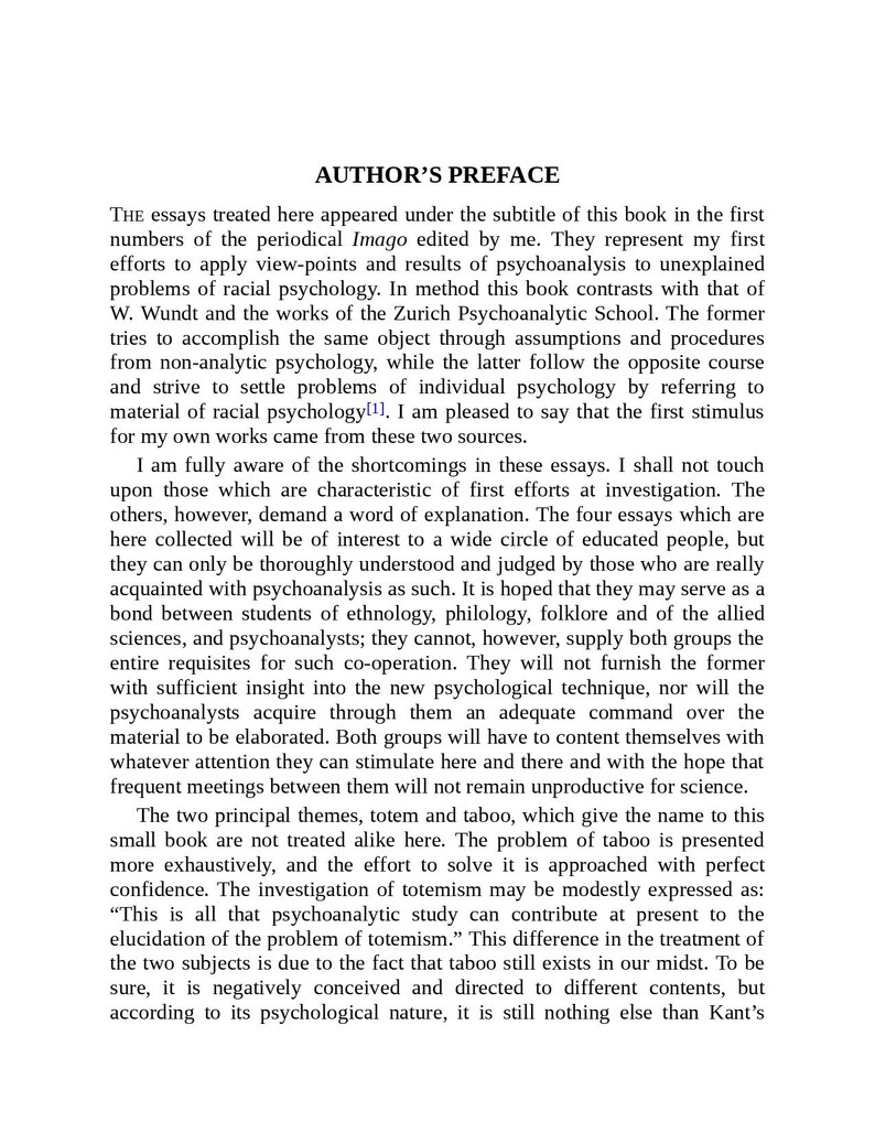 May include: A book page titled "AUTHOR'S PREFACE" with black text on a white background. The text discusses psychoanalysis and racial psychology. The text is in a serif font. The book's themes include totem and taboo.