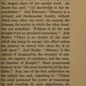 May include: A page from a vintage book with the title "Its Importance" and the number 9 at the top. The text discusses memory, quoting various authors and philosophers.
