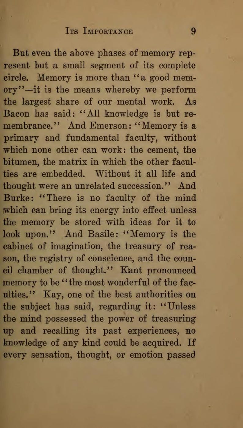 May include: A page from a vintage book with the title "Its Importance" and the number 9 at the top. The text discusses memory, quoting various authors and philosophers.