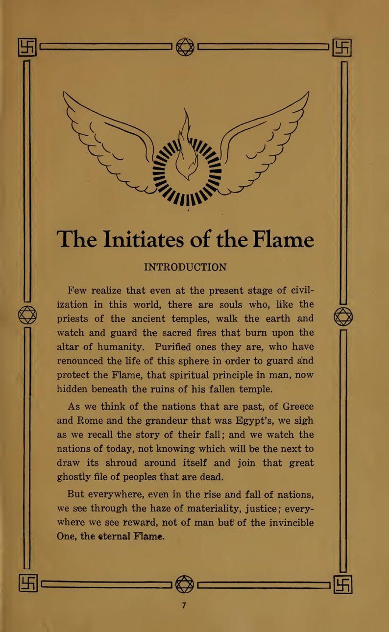 May include: A vintage book page titled "The Initiates of the Flame." The page features decorative borders and a central illustration of wings encircling a flame. The text is black on a tan background.