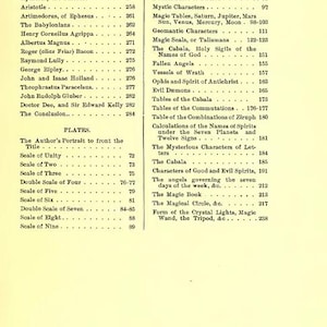May include: A vintage book page featuring a detailed table of contents. The text is in black, with titles and page numbers. The page has a cream-colored background, and the book is likely related to esoteric or historical topics.