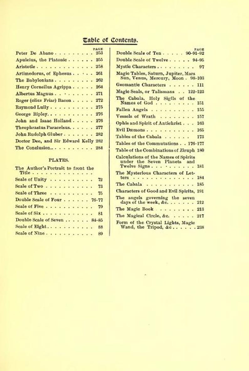 May include: A vintage book page featuring a detailed table of contents. The text is in black, with titles and page numbers. The page has a cream-colored background, and the book is likely related to esoteric or historical topics.